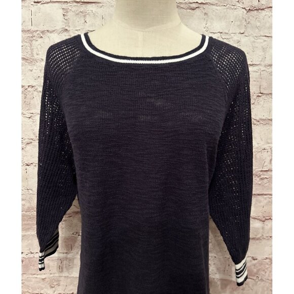 Express Womens Sweater Top L Open Knit Mesh Short Sleeve Boxy Dark Blue White - Picture 2 of 4